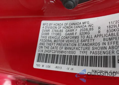 2021 Honda Civic Sport z USA, uszkodzony, nr VIN 2HGFC2F85MH516593